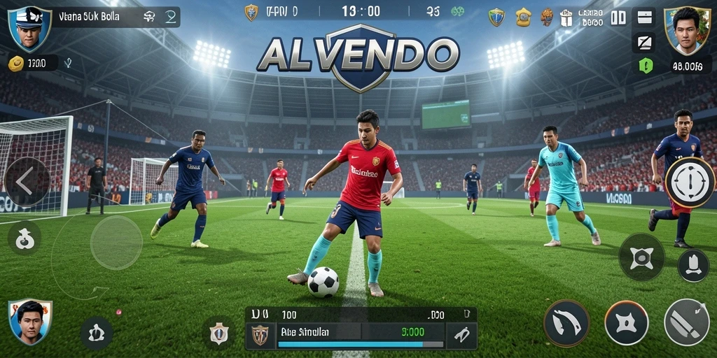 Screenshot utama ALVENDO menampilkan aksi seru di lapangan sepak bola.