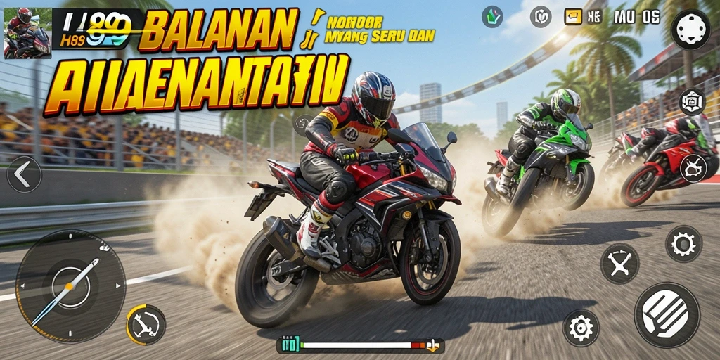 Screenshot menampilkan aksi balapan motor di trek yang menantang.