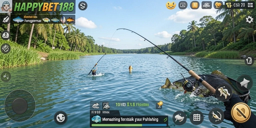 Tampilan gameplay <strong>HAPPYBET188</strong> yang menakjubkan saat menangkap ikan.
