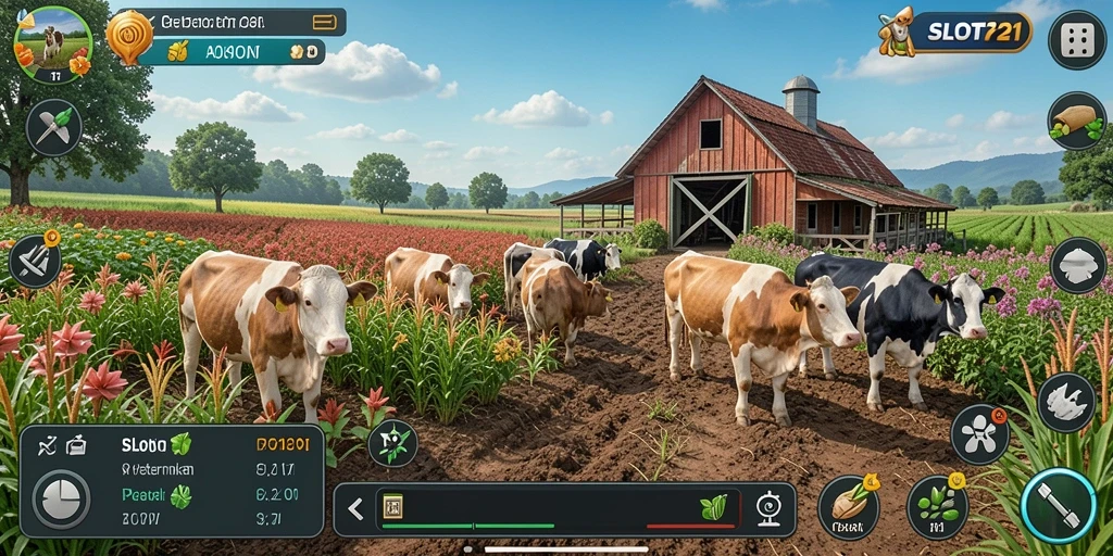 Screenshot SLOT21 menampilkan pemain mengelola ladang pertanian yang rimbun.