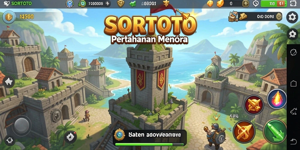 Gameplay SORTOTO menampilkan aksi seru dalam pertahanan menara.